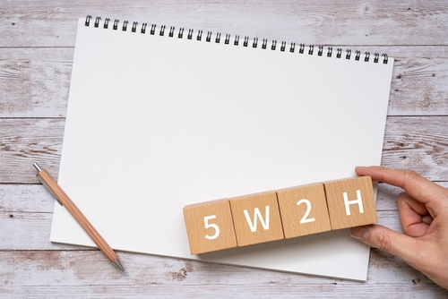 Caderno com blocos em cima soletrando o plano de trabalho 5W2H