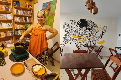 Fotos da Chef Leila cozinhando e do interior da Casa Omolokum